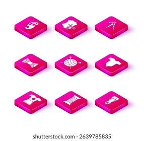 Set Woman dress, Sewing thread on spool, Yarn ball with knitting needles, Zipper, Baby clothes, Needle for sewing and Scissors and leather icon. Vector