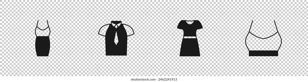 Set Woman dress, Shirt,  and Female crop top icon. Vector