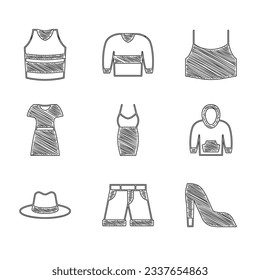 Set Woman dress, Short or pants, shoe, Hoodie, Man hat, Female crop top and Undershirt icon. Vector