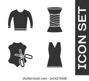 Set Woman dress, Sweater, Scissors and leather and Sewing thread on spool icon. Vector