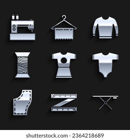 Set Woman dress, Tape measure, Ironing board, Baby clothes, Sewing Pattern, thread spool, Sweater and machine icon. Vector