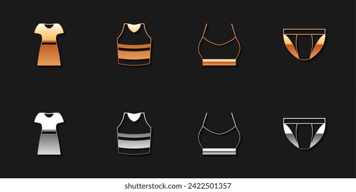 Set Woman dress, Undershirt, Female crop top and Men underpants icon. Vector