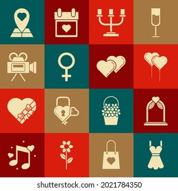 Set Woman dress, Wedding arch, Balloons form of heart with ribbon, Candlestick, Female gender symbol, Cinema camera, Map pointer and Two Linked Hearts icon. Vector