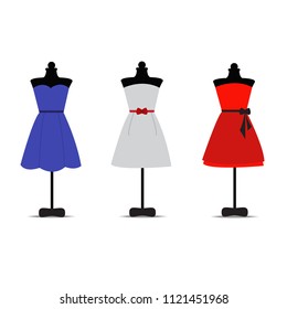 Set of woman dresses design on mammequin.Dress collection vector on background,red dress,gray dress,blue dress