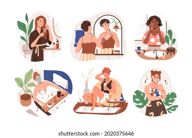 Set of woman during everyday hygiene routine in bathroom. Females applying natural cosmetic products during daily skin, face, hair and body care. Flat graphic vector illustrations isolated on white - Shutterstock ID 2020375646