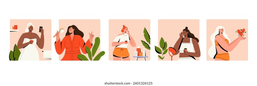 Set of woman during everyday hygiene routine. Self care concept. Females applying natural cosmetic products during daily face and body care. Flat graphic vector illustrations.