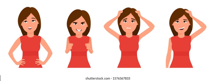 Set of woman emoticons. Woman emojis showing different facial expressions. Sad, laugh, surprised, serious, sleep, dazed, angry emotions. Flat cartoon vector illustration