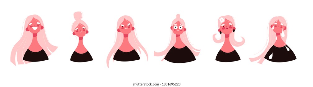 Set of woman emotions. Cartoon girl with pink hare. Facial expression. Avatar. Vector stock illustration.