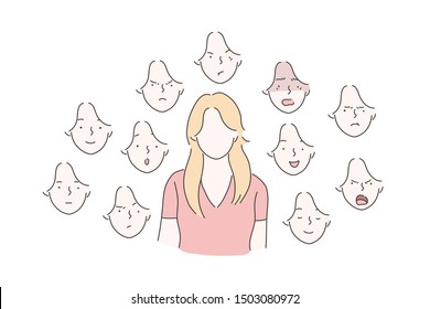 Set of woman emotions concept. Young girl with surprised, angry, scared, happy, smiling, joyful facial expression. Vector flat design.