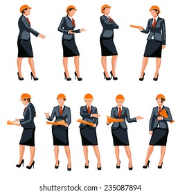 set of woman engineer in different poses on white background