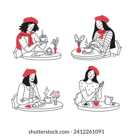 Set of woman enjoying coffee and baking in charming Parisian cafes. French fashion, red beret. Hand drawn vector doodles