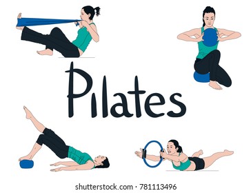 Set of woman exercising and stretching while doing pilates isolated on white. Pilates poses abd equipment colored vector illustration.