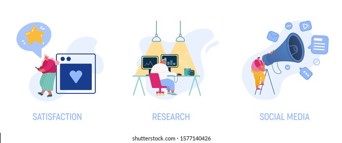 Setzen Sie die Zufriedenheit von Frauen mit Mobile App ein, arbeiten Sie mit Informationen zur Laptop-Forschung, Social Media Alert, Werbeaktion mit Megaphone Propaganda Speech Cartoon Flache Vektorillustration Illustration