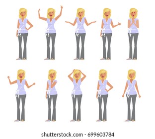 Set of woman expression. Character creation. Full length and different face and body emotion portraits on white background. Build your own design. Vector illustration eps 10
