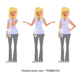 Set of woman expression. Character creation. Full length and different face and body emotion portraits on white background. Build your own design. Vector illustration eps 10
