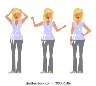 Set of woman expression. Character creation. Full length and different face and body emotion portraits on white background. Build your own design. Vector illustration eps 10