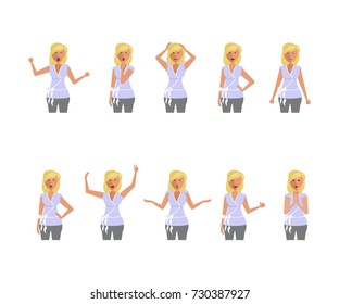 Set of woman expression. Character creation. Full length and different face and body emotion portraits on white background. Build your own design. Vector illustration eps 10