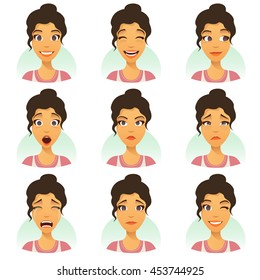 Set of woman expression isolated. young housewife emotion portraits. cute emotional female head illustration. vector face girl, fun, angry, smiling, cry, sad, tears, despair, smiling, surprise, flirt.