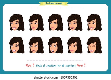 Set of woman expression isolated.Young housewife emotion portraits.Isolated on white.Cute woman emotional female head illustration. vector face girl, sad, smiling.Businesswoman character.Girl Avatar