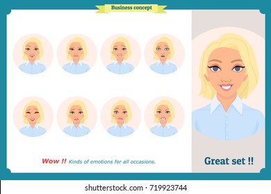 Set of woman expression isolated.Young housewife emotion portraits.Isolated on white.Cute blonde emotional female head illustration. vector face girl, angry, cry, sad, smiling.Businesswoman character