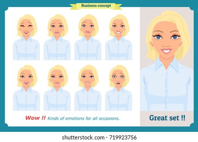 Set of woman expression isolated.Young housewife emotion portraits.Isolated on white.Cute blonde emotional female head illustration. vector face girl, angry, cry, sad, smiling.Businesswoman character