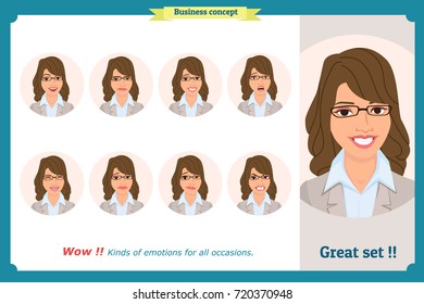 Set of woman expression isolated.Young housewife emotion portraits.Isolated on white.Cute brunette emotional female head illustration.Vector face girl,angry, cry, sad, smiling. Businesswoman character