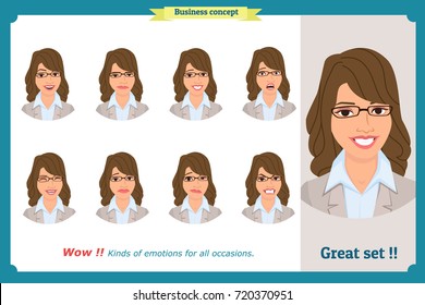 Set of woman expression isolated.Young housewife emotion portraits.Isolated on white.Cute brunette emotional female head illustration.Vector face girl,angry, cry, sad, smiling. Businesswoman character