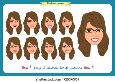 Set of woman expression isolated.Young housewife emotion portraits.Isolated on white.Cute brunette emotional female head illustration.Vector face girl,angry, cry, sad, smiling. Businesswoman character