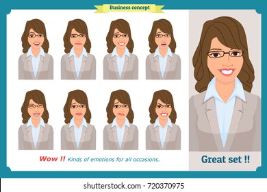 Set of woman expression isolated.Young housewife emotion portraits.Isolated on white.Cute brunette emotional female head illustration.Vector face girl,angry, cry, sad, smiling. Businesswoman character