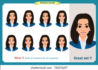 Set of woman expression isolated.Young housewife emotion portraits.Isolated on white. Flat design. Cute emotions female head illustration.Vector face girl,angry, sad, smiling. Businesswoman character