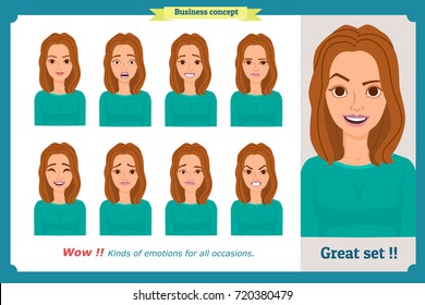 Set of woman expression isolated.Young housewife emotion portraits.Isolated on white flat design.Cute emotions female head illustration.Vector face girl. Businesswoman character. Beautiful student