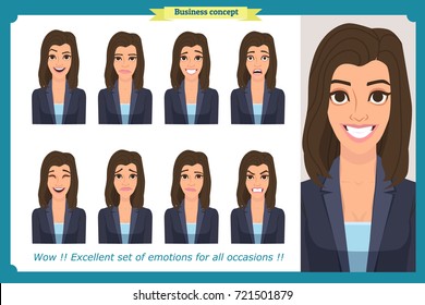 Set of woman expression isolated.Young housewife emotion portraits.Isolated on white. Flat design. Cute emotions female head illustration.Vector face girl,angry, sad, smiling. Businesswoman character
