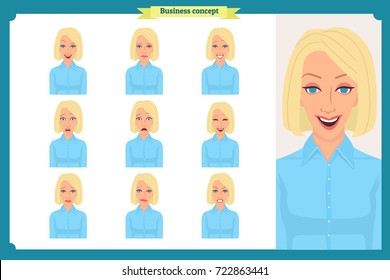 Set of woman expression isolated.Young housewife emotion portraits.Isolated on white.Cute blonde emotional female head illustration. vector face girl, angry, cry, sad, smiling.Businesswoman character