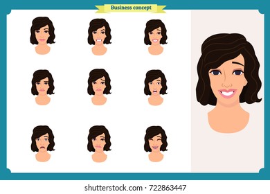 Set of woman expression isolated.Young housewife emotion portraits.Isolated on white. Flat design. Cute emotions female head illustration.Vector face girl,angry, sad, smiling. Businesswoman character