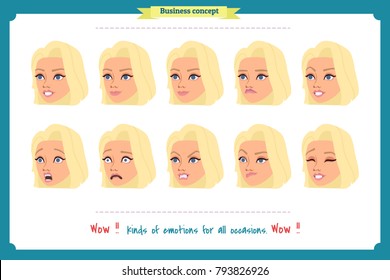 Set of woman expression isolated.Young housewife emotion portraits.Isolated on white.Cute blonde emotional female head illustration. vector face girl, profile, sad, smiling.Businesswoman character