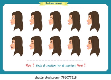 Set of woman expression isolated.Young housewife emotion portraits.Isolated on white.Cute profile emotional female head illustration. vector face girl, profile, sad, smiling.Businesswoman character