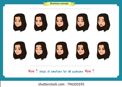 Set of woman expression isolated.Young housewife emotion portraits.Isolated on white.Cute woman emotional female head illustration. vector face girl, sad, smiling.Businesswoman character.Girl Avatar