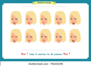 Set of woman expression isolated.Young housewife emotion portraits.Isolated on white.Cute woman emotional female head illustration. vector face girl, sad, smiling.Businesswoman character.Girl Avatar