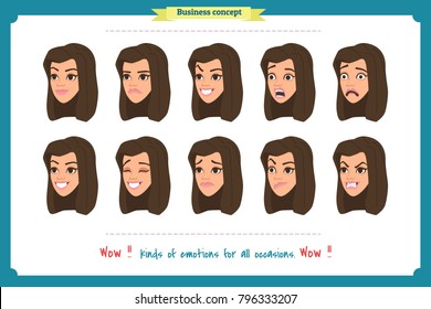 Set of woman expression isolated.Young housewife emotion portraits.Isolated on white.Cute woman emotional female head illustration. vector face girl, sad, smiling.Businesswoman character.Girl Avatar