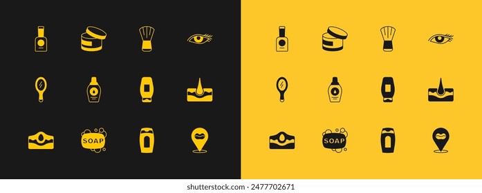 Set Woman eye, Bar of soap, Bottle shampoo, Makeup brush, nail polish and Cream or lotion cosmetic tube icon. Vector
