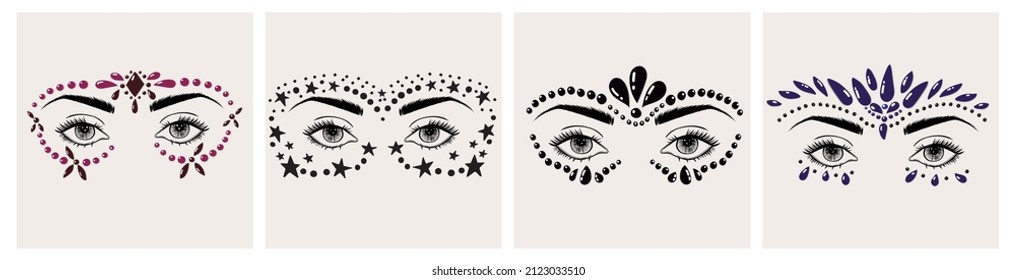 A set of woman eyes with creative crystal makeup. Gems and glitter around the eyes. Festival or everyday be jeweled style.