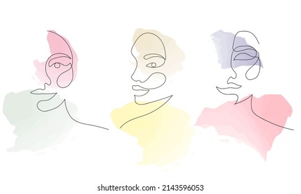 Set of woman face in continuous line art style with aquarelle elements. Elegant one line drawing for poster, fashion design. Vector illustration.