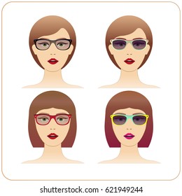 Set of woman face with different color glasses and isolated sunglasses in vector. 