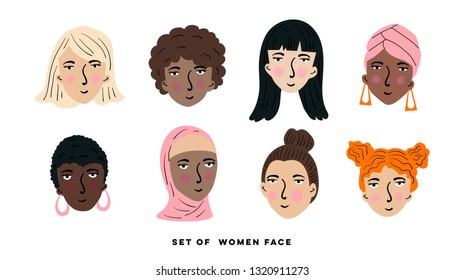 Set of woman face, different culture and skin color