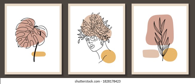 Set of Woman Face and flowers continuous Line art. Abstract Contemporary collage of geometric shapes in a modern trendy style. Vector Portrait of a female. For Beauty Concept, t-Shirt Print, postcard