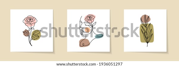 Set of\
Woman Face and flowers continuous Line\
art