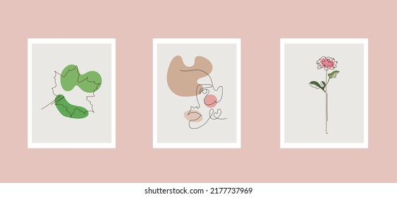 Set of Woman Face and flowers LINE ART DESIGN.