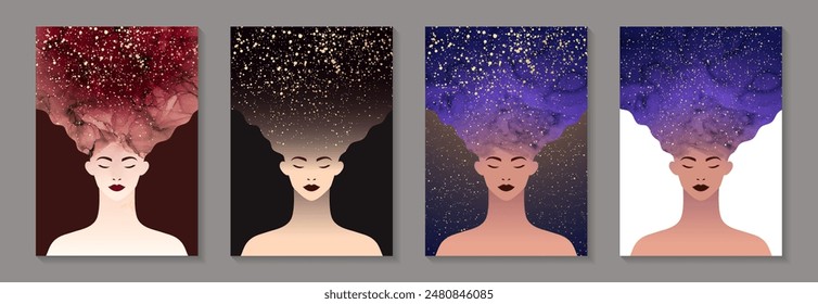 Set of woman face with hair of watercolor stains or fluid art with golden glitter and stars.