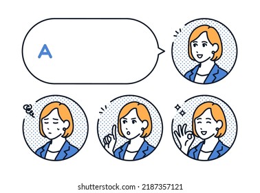 Set of woman face icon and speech bubble in suit