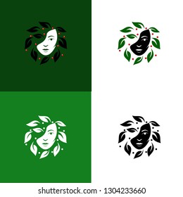 Set of woman face  with leafes vector, young beautiful girl with floral hair icon, organic logo,  ecology creative concept